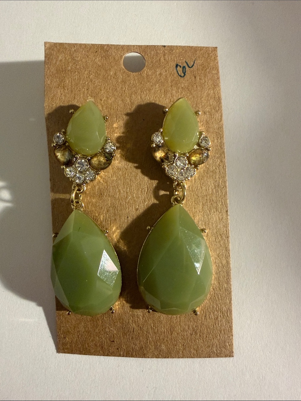 Gold-Tone Olive Green Teardrop Statement Earrings